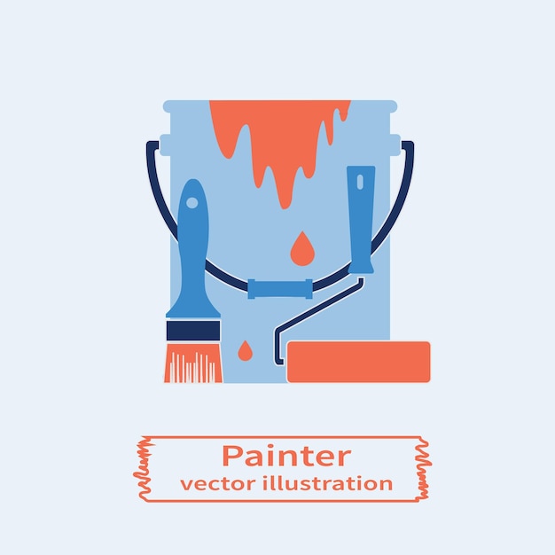 Vector cubo de brocha y rodillo de pintura servicios de pintura logotipo de trabajo de pintura