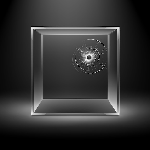 Cubo de caja de vidrio roto transparente vacío aislado sobre fondo negro oscuro con luz de fondo