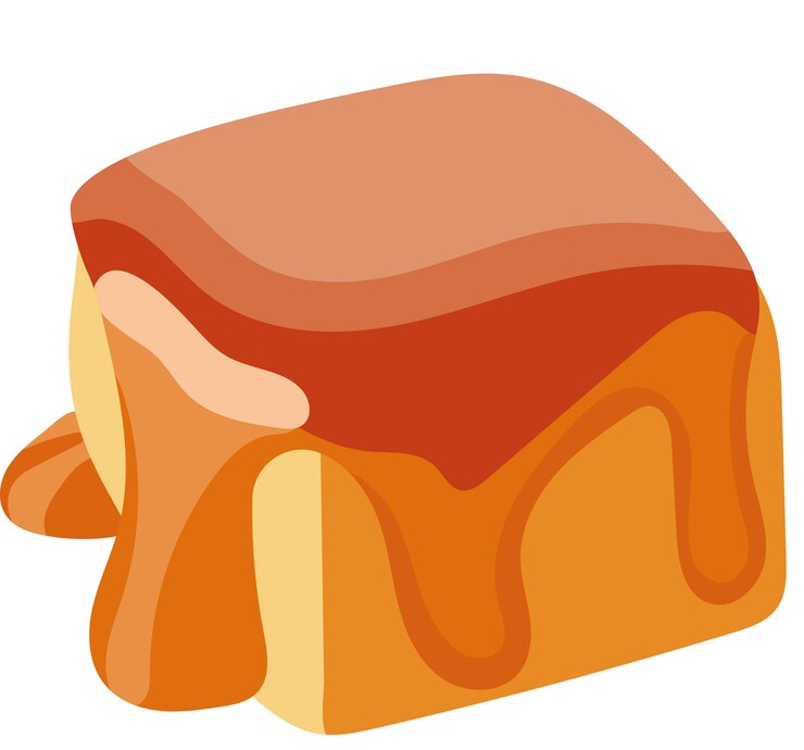 Vector cubo de caramelo con ilustración de salsa de caramel que se derrite aislado sobre un fondo blanco