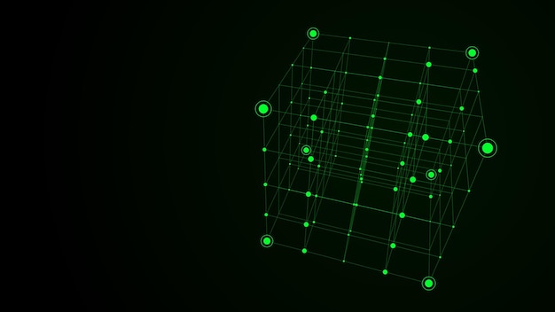 Cubo de ciencia ficción verde abstracto con partículas y líneas tecnología vectorial conexión de red en el mundo conexiones digitales globales ai cubo Wireframe encriptación Blockchain