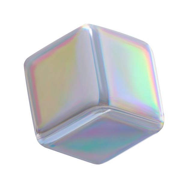 Cubo colorido 3D holográfico de forma primitiva renderizado de cubo iridescente 3D con efecto arco iris