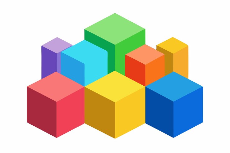 Vector un cubo colorido con un cubo de colores en él y la palabra cubos en la parte inferior
