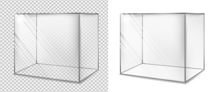 Vector cubo de cristal transparente acuario realista vitrina especial