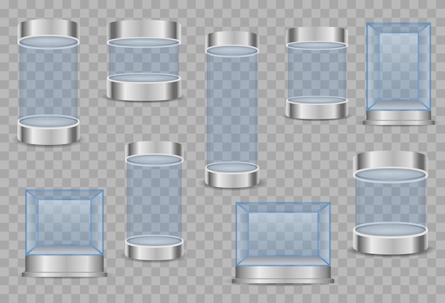 Cubo de cristal transparente y vitrinas vacías de cilindro