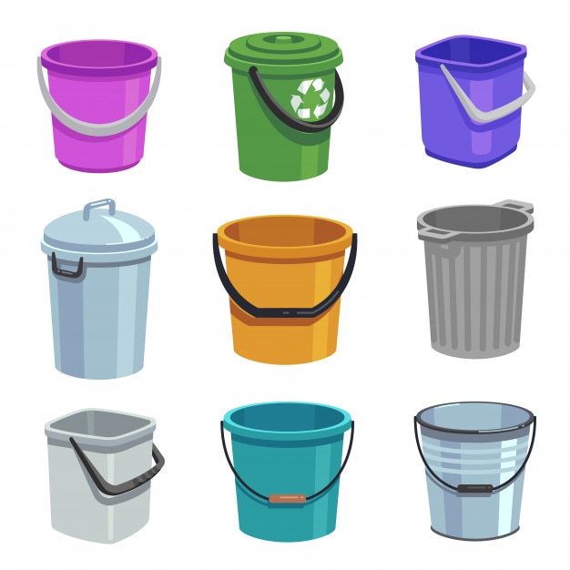 Cubo y cubo. Vacíe los recipientes con asa, cubos de basura y cubos con agua. Conjunto aislado de dibujos animados