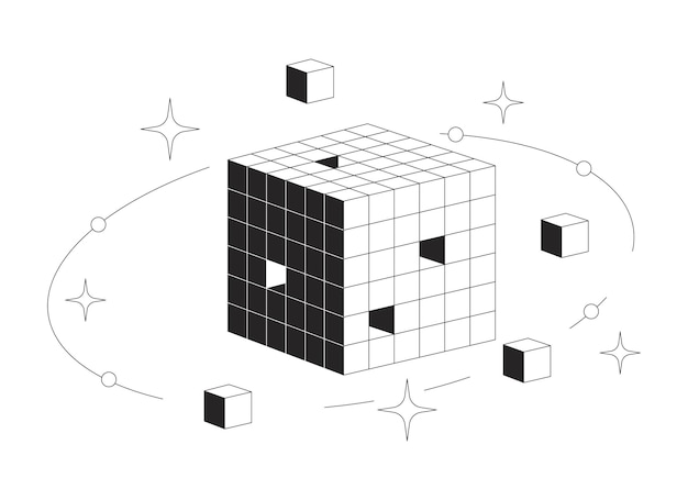 Cubo de datos digitales con bloques en órbita y chispas objeto de línea 2D