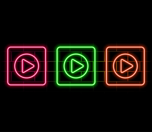 Cubo digital brillante de neón con icono de reproducción botón de inicio cibernético 3D Fondo de televisión de música de cine de juegos