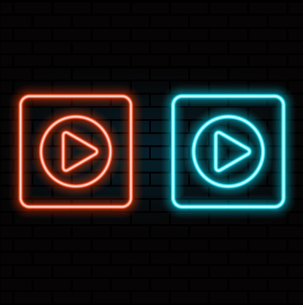 Cubo digital brillante de neón con icono de reproducción botón de inicio cibernético 3D Fondo de televisión de música de cine de juegos