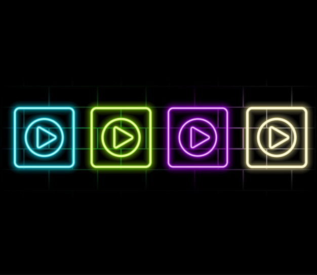 Cubo digital brillante de neón con icono de reproducción botón de inicio cibernético 3D Fondo de televisión de música de cine de juegos