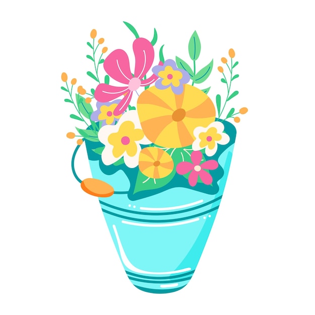 Cubo con flores, arreglo floral dibujado a mano, elemento de diseño aislado
