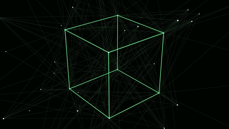 Vector cubo geométrico futurista 3d con puntos y líneas marco de alambre abstracto blockchain fondo vectorial de ciencia estructura tecnología conexión de red ai en el fondo oscuro del ciberespacio