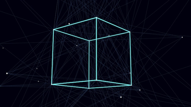 Cubo geométrico futurista 3D con puntos y líneas marco de alambre abstracto blockchain fondo vectorial de ciencia estructura tecnología conexión de red Ai en el fondo oscuro del ciberespacio