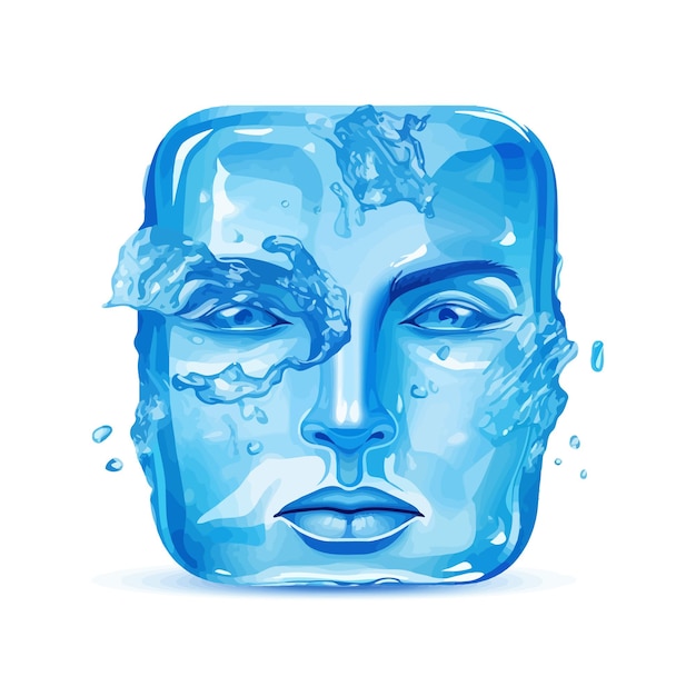 Vector un cubo de hielo azul con una cara y una cara en él.