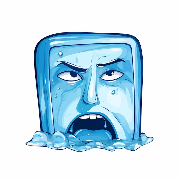 Un cubo de hielo azul con una cara y una cara en él.