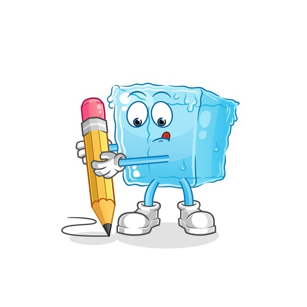 Cubo de hielo escribir con mascota de dibujos animados de lápiz