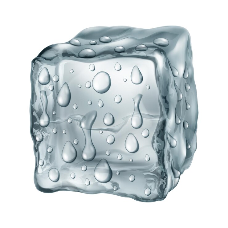 Vector cubo de hielo translúcido realista en colores grises con gotas de agua en su superficie aisladas en un fondo blanco transparencia solo en formato vectorial