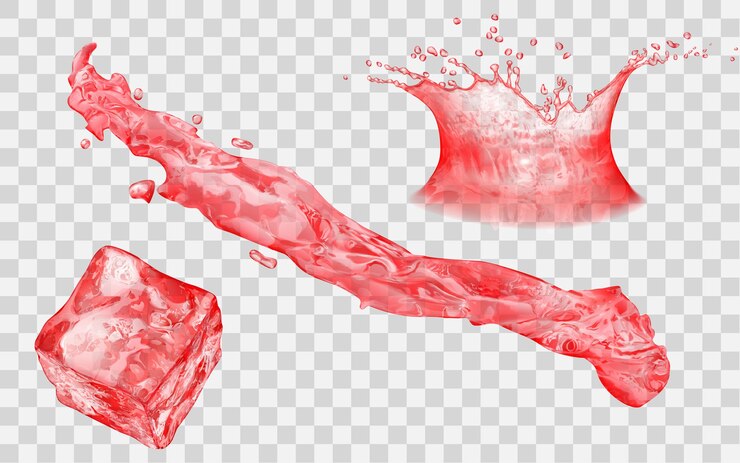 Vector cubo de hielo translúcido, salpicadura y corona de agua con gotas - vista lateral. en colores rojos, aislado sobre fondo transparente. transparencia solo en archivo vectorial