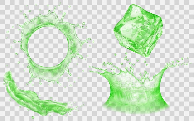 Cubo de hielo translúcido, salpicaduras y corona de agua con gotas: vista superior y lateral. En colores verdes, aislado sobre fondo transparente. Transparencia solo en archivo vectorial