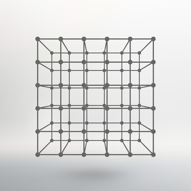 Cubo de líneas y puntos. Cubo de las líneas conectadas a puntos. Rejilla molecular. La cuadrícula estructural de polígonos. Fondo blanco. La instalación está ubicada sobre un fondo de estudio blanco.