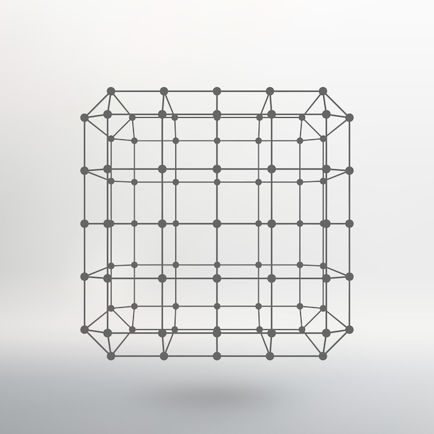 Cubo de líneas y puntos. Cubo de las líneas conectadas a puntos. Rejilla molecular. La cuadrícula estructural de polígonos. Fondo blanco. La instalación está ubicada sobre un fondo de estudio blanco.