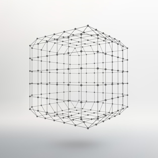 Cubo de líneas y puntos. Cubo de las líneas conectadas a puntos. Rejilla molecular. La cuadrícula estructural de polígonos. Fondo blanco. La instalación está ubicada sobre un fondo de estudio blanco.