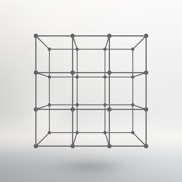 Cubo de líneas y puntos. Cubo de las líneas conectadas a puntos. Rejilla molecular. La cuadrícula estructural de polígonos. Fondo blanco. La instalación está ubicada sobre un fondo de estudio blanco.