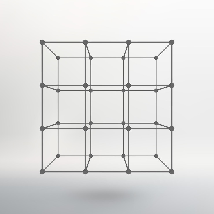 Vector cubo de líneas y puntos. cubo de las líneas conectadas a puntos. rejilla molecular. la cuadrícula estructural de polígonos. fondo blanco. la instalación está ubicada sobre un fondo de estudio blanco.
