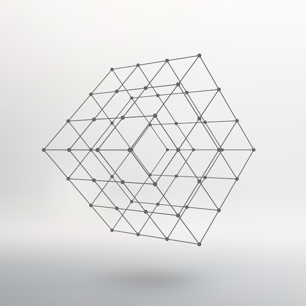 Vector cubo de líneas y puntos. cubo de las líneas conectadas a puntos. rejilla molecular. la cuadrícula estructural de polígonos. fondo blanco. la instalación está ubicada sobre un fondo de estudio blanco.