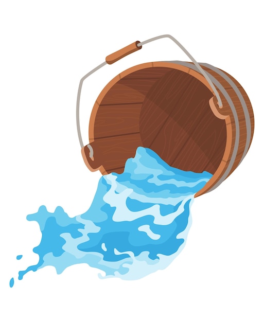 Vector cubo de madera con agua y asa recipiente con agua que fluye para sauna spa líquido vertido con salpicaduras ilustración vectorial aislada sobre fondo blanco