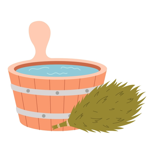 Cubo de madera con agua y escoba de eucalipto para baño y sauna Ilustración vectorial