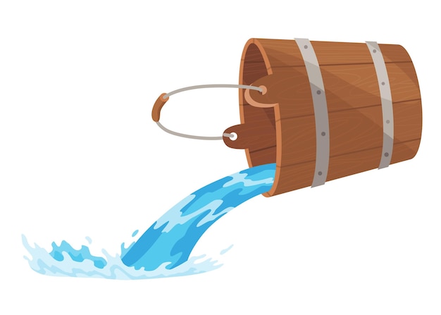 Cubo de madera con agua y mango Recipiente con agua corriente para sauna spa Líquido vertido con salpicadura Vector ilustración aislada sobre fondo blanco