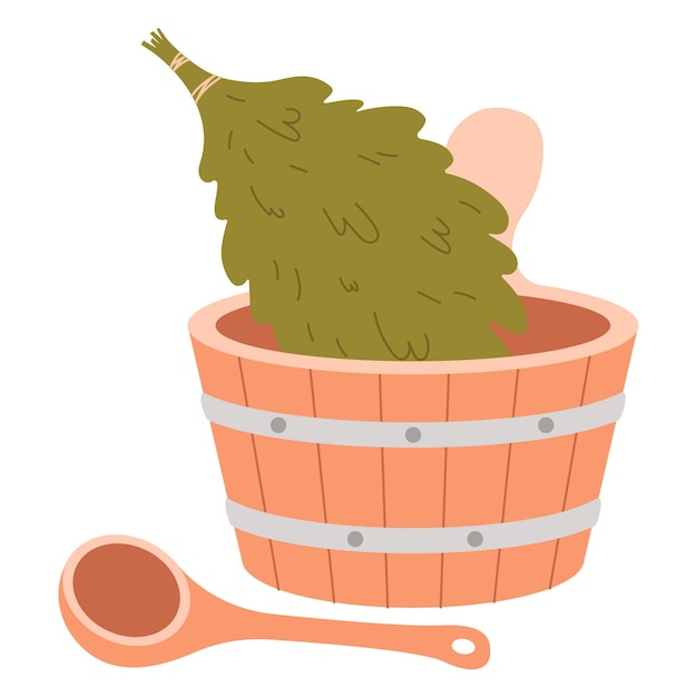 Cubo de madera con taza de agua y escoba de abedul para sauna Ilustración vectorial