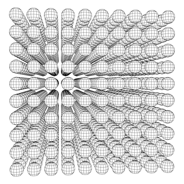 El cubo de malla de alambre hace con muchas esferas pequeñas estructura de conexión visualización de datos digitales con ...