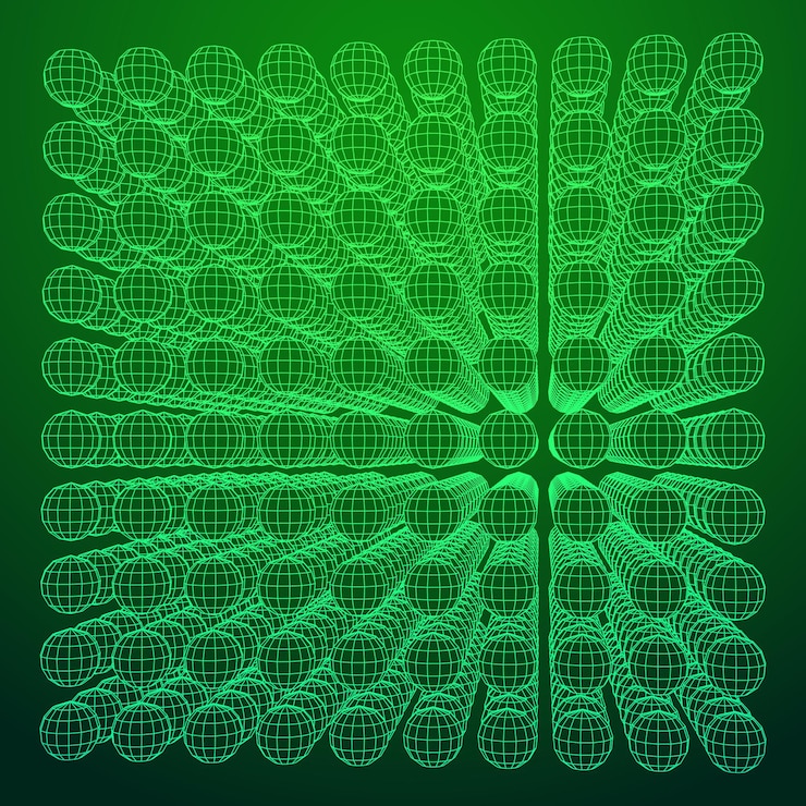 Vector cubo de malla de estructura metálica hecho con muchas esferas pequeñas estructura de conexión visualización de datos digitales
