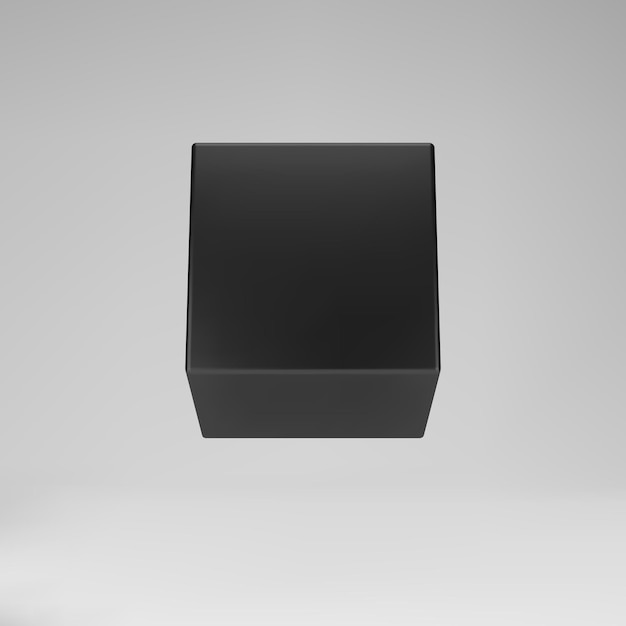 Cubo de modelado 3d negro con perspectiva aislado sobre fondo gris. Renderice un cuadro 3d giratorio en perspectiva con iluminación y sombra. Ilustración de vector de forma geométrica básica 3d.