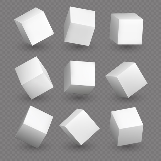 Vector cubo modelos 3d en perspectiva. realistas cubos en blanco blancos con sombras aisladas