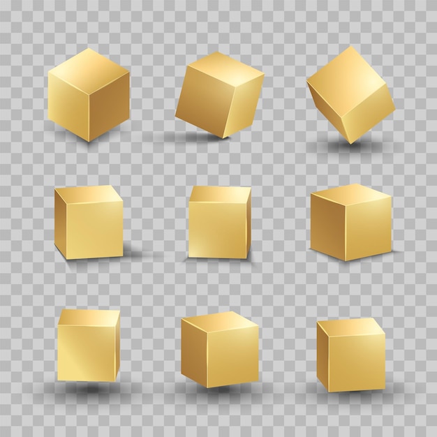 Cubo de oro. Forma metálica de caja dorada. Vector conjunto de bloques cuadrados.