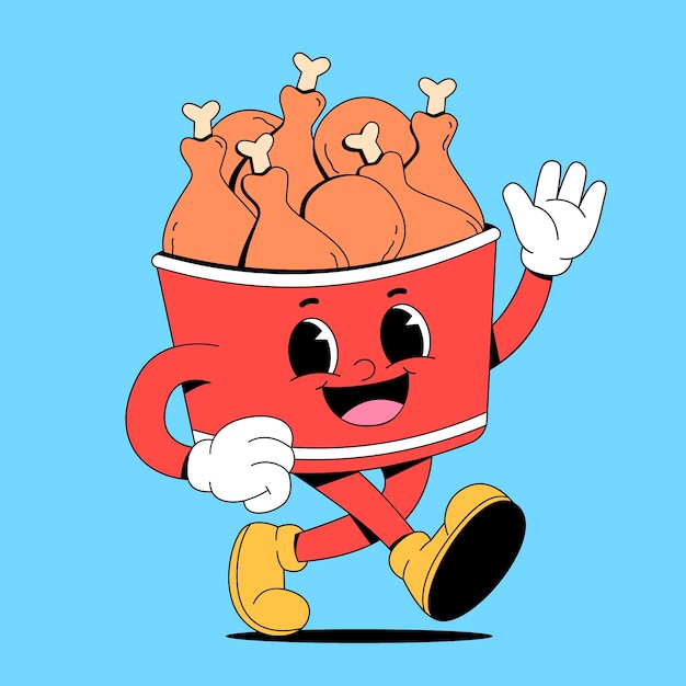 Un cubo de personajes de dibujos animados con un montón de pollo frito en él caminando felizmente