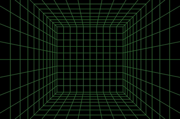 Cubo de perspectiva de estructura alámbrica. Sala de rejilla de estructura alámbrica 3d. Rejilla láser de perspectiva 3d. Fondo negro del ciberespacio con malla verde. Espacio de pasillo digital futurista en realidad virtual. ilustración vectorial