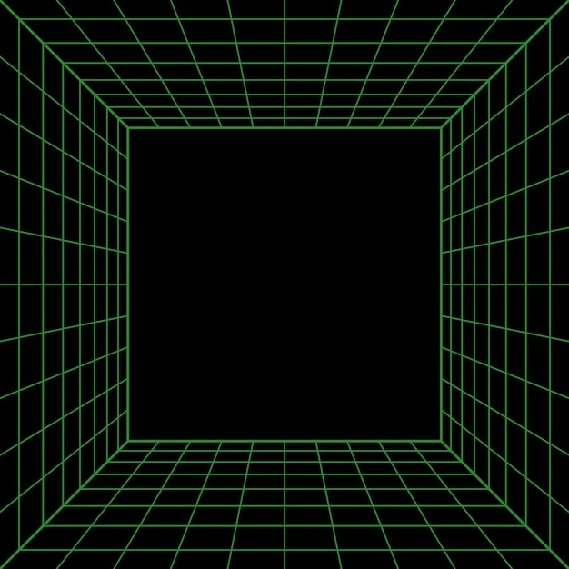 Cubo de perspectiva de estructura alámbrica. Sala de rejilla de estructura alámbrica 3d. Rejilla láser de perspectiva 3d. Fondo negro del ciberespacio con malla verde. Espacio de pasillo digital futurista en realidad virtual. ilustración vectorial