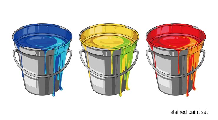 Un cubo de pintura teñida Cuando se pinta, la pintura se mezcla con otros colores y se convierte en un estado mixto