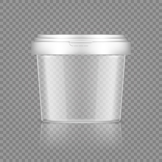 Cubo de plástico transparente vacío con maqueta de tapa para helado, yogur, mayonesa