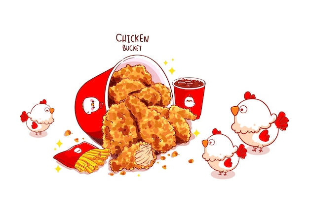 Cubo de pollo frito, muslos de pollo frito y linda ilustración de arte de dibujos animados de pollo