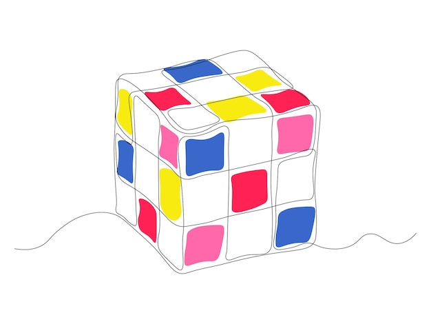 Cubo de rompecabezas abstracto dibujo artístico continuo de una línea
