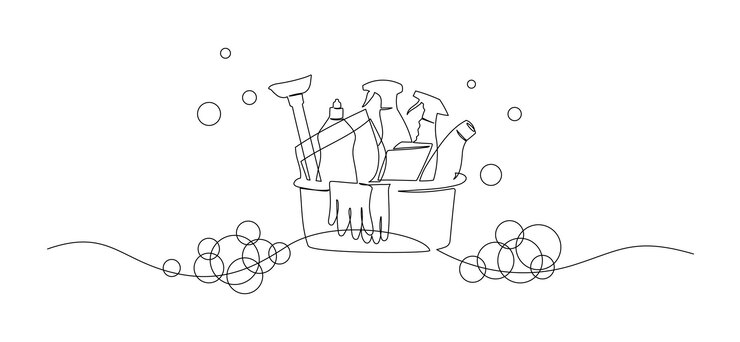 Vector cubo con suministros de limpieza en un dibujo de línea continua