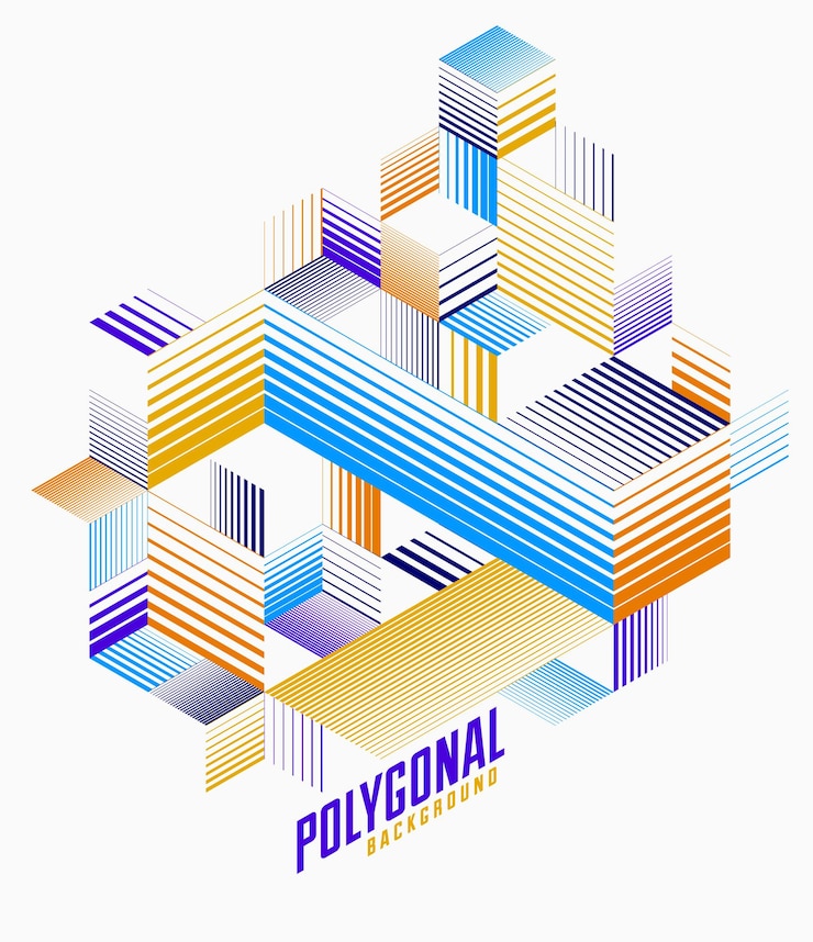 Vector cubos 3d de diseño de línea y fondo abstracto de triángulos, plantilla de estilo retro isométrica poli baja poligonal. elemento gráfico rayado aislado. plantilla para póster o pancarta, portada o anuncio.