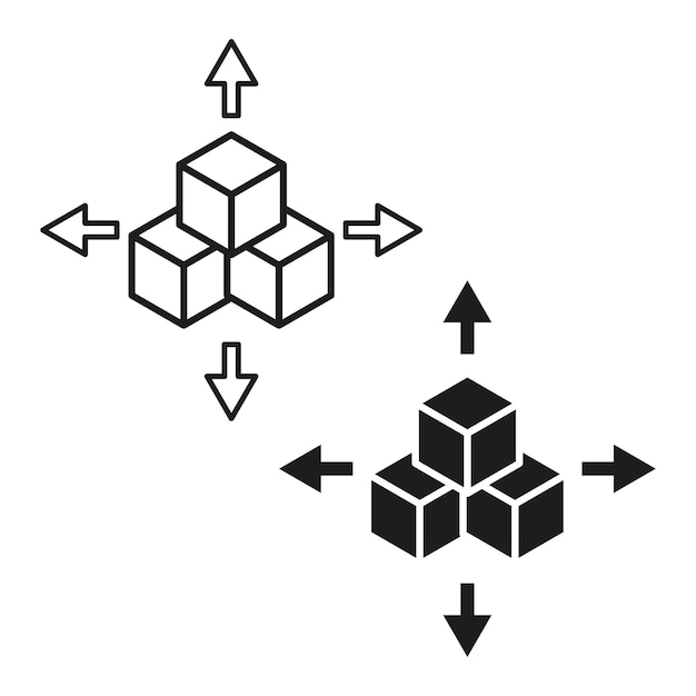 Cubos 3D con flechas direccionales Símbolo del concepto de expansión Ilustración de crecimiento vectorial