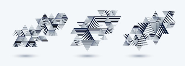 Cubos 3D y triángulos bordeados de fondos vectoriales abstractos con elementos de estilo retro aislados y fáciles de usar o editar. Plantillas para carteles o pancartas, portadas o anuncios.