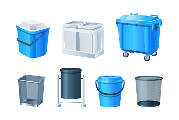 Cubos de basura, canasta, bote de basura y juego de cubo de basura, contenedores de basura de plástico de metal.