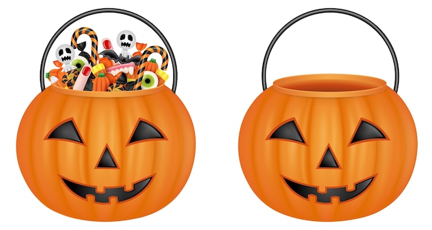 Cubos de calabaza aislados. balde vacío y balde con caramelos de halloween